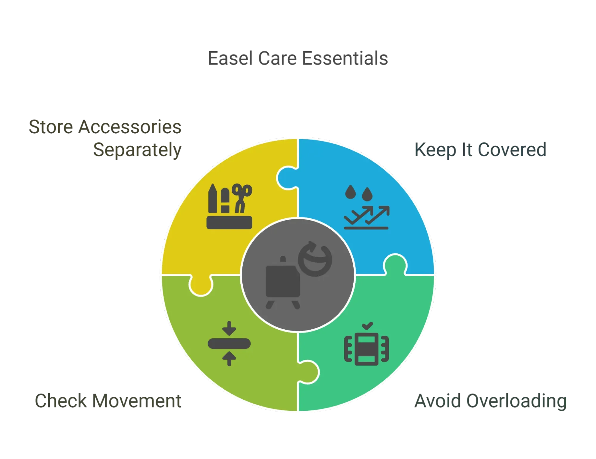 Tools and tips laid out for cleaning and caring for an artist's easel