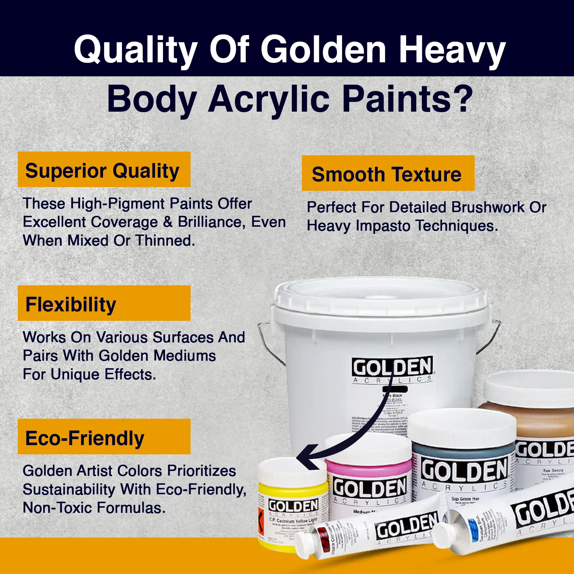 Close-up of Golden Heavy Body Acrylic Paint tubes, highlighting professional labeling and color selection
