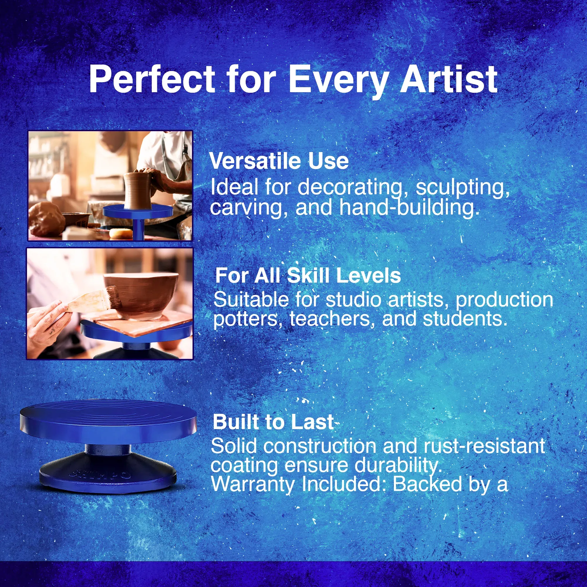 Side profile of a Nidec Shimpo banding wheel showcasing the sturdy base and ball bearing construction