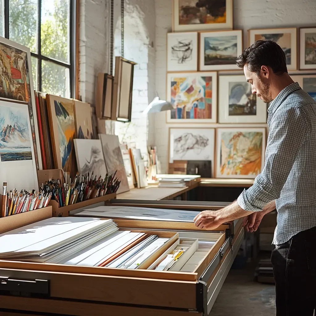 Studio with flat file system designed for archiving paper-based art pieces