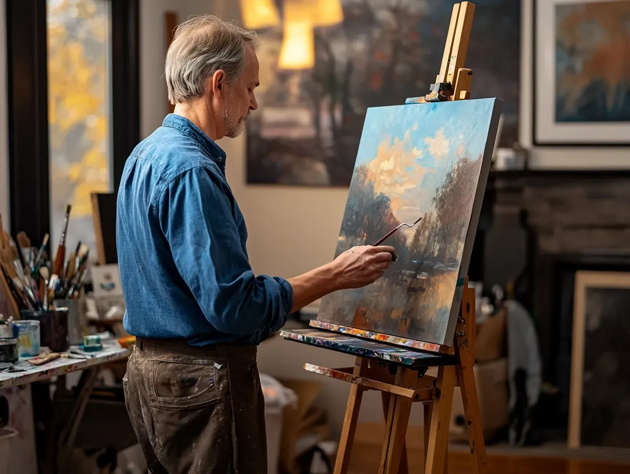 Artist adjusting easel height and angle for optimal comfort while painting