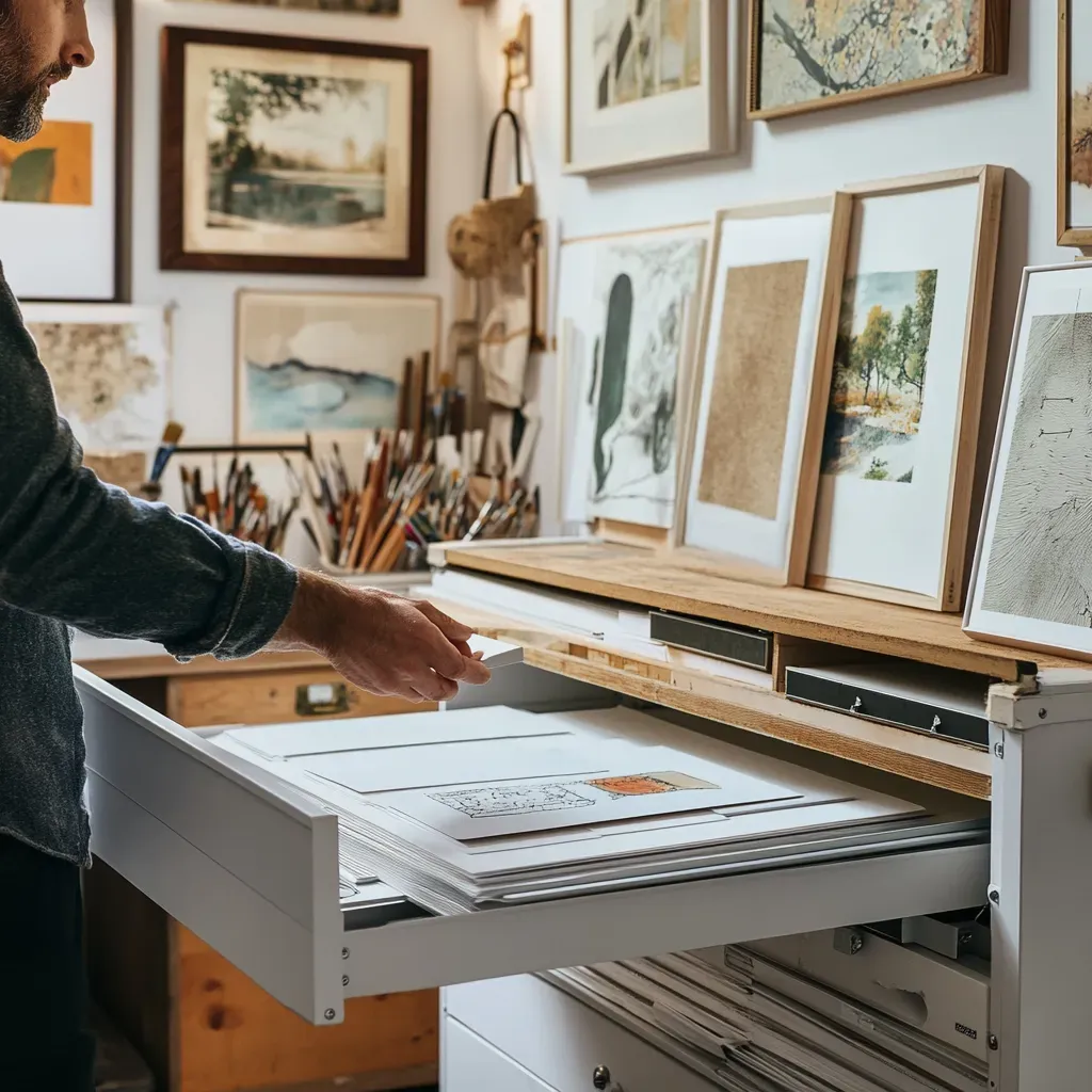 Flat file cabinet used by an artist to safely store drawings and prints