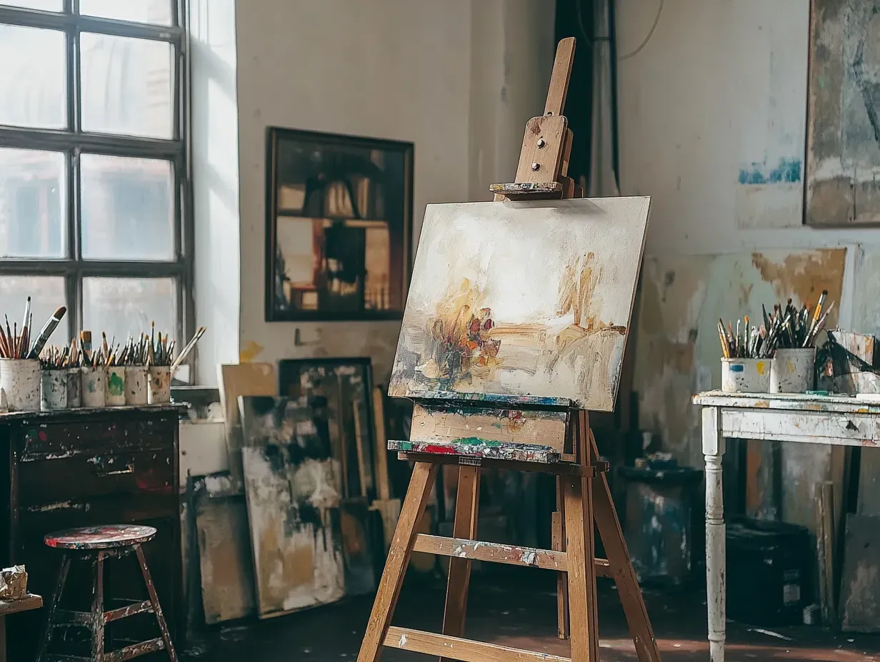 Artist cleaning and folding easel for proper storage in a home studio