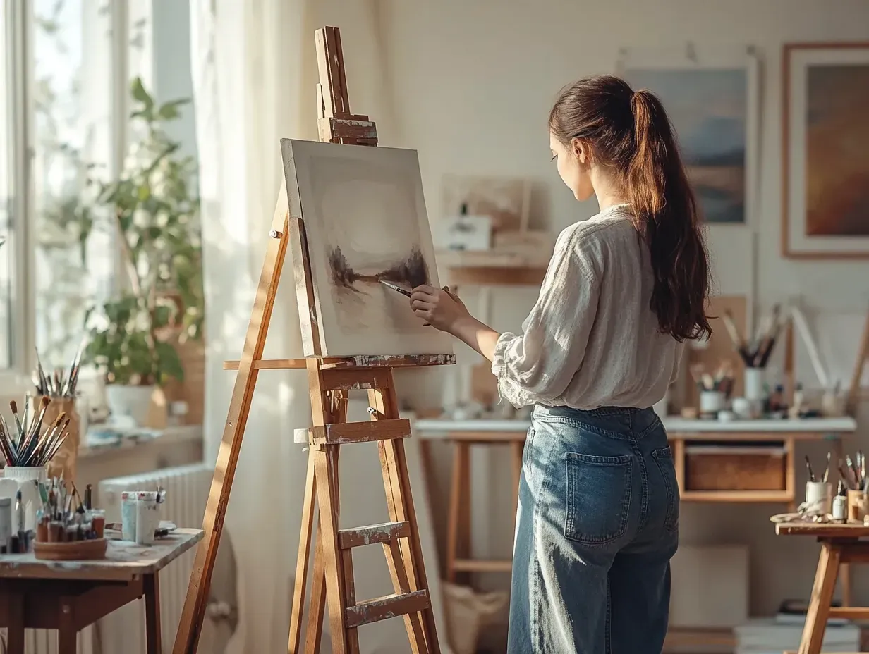 Artist using an ergonomic easel to maintain good posture while painting