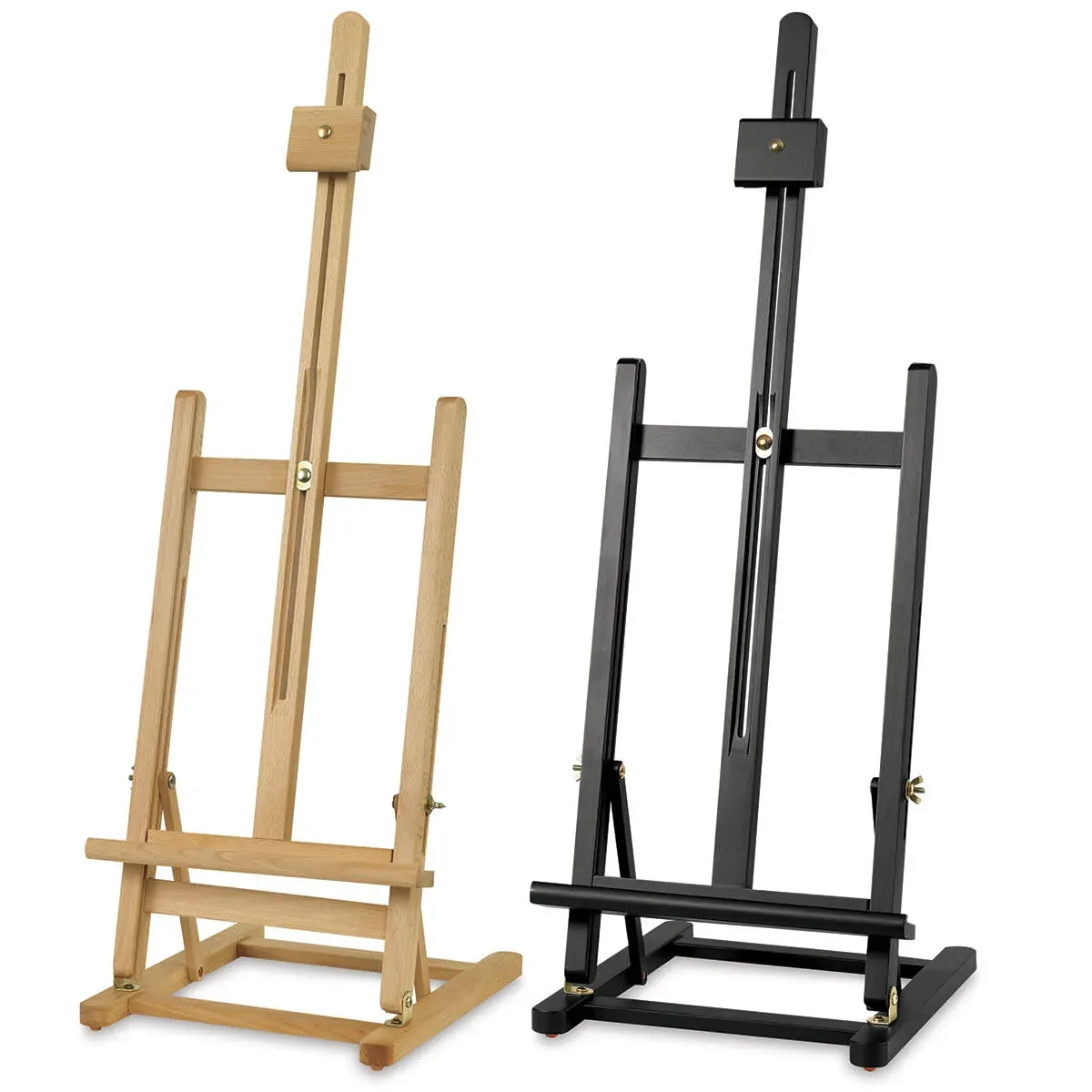 Large studio easel and compact tabletop easel showing differences in size and use