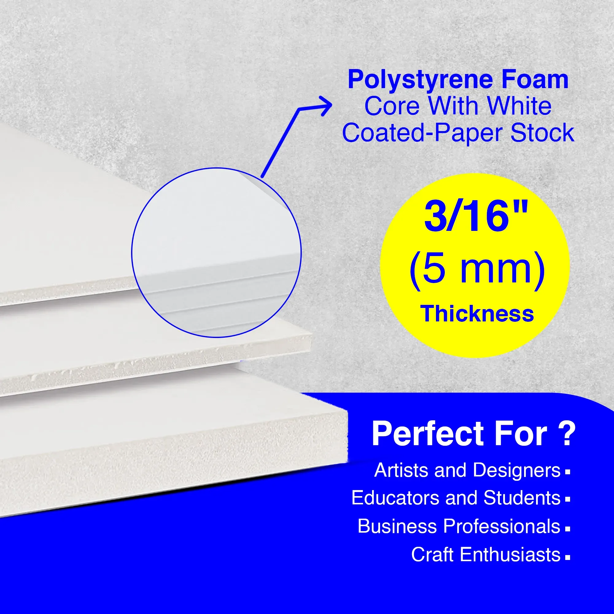 White foam board being used for a visual presentation display with printed material mounted on it
