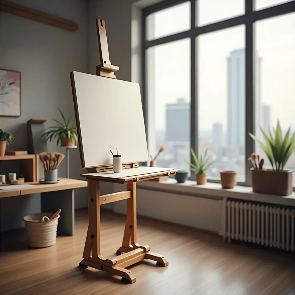 Artist working confidently on a sturdy, high-quality easel in a well-lit studio