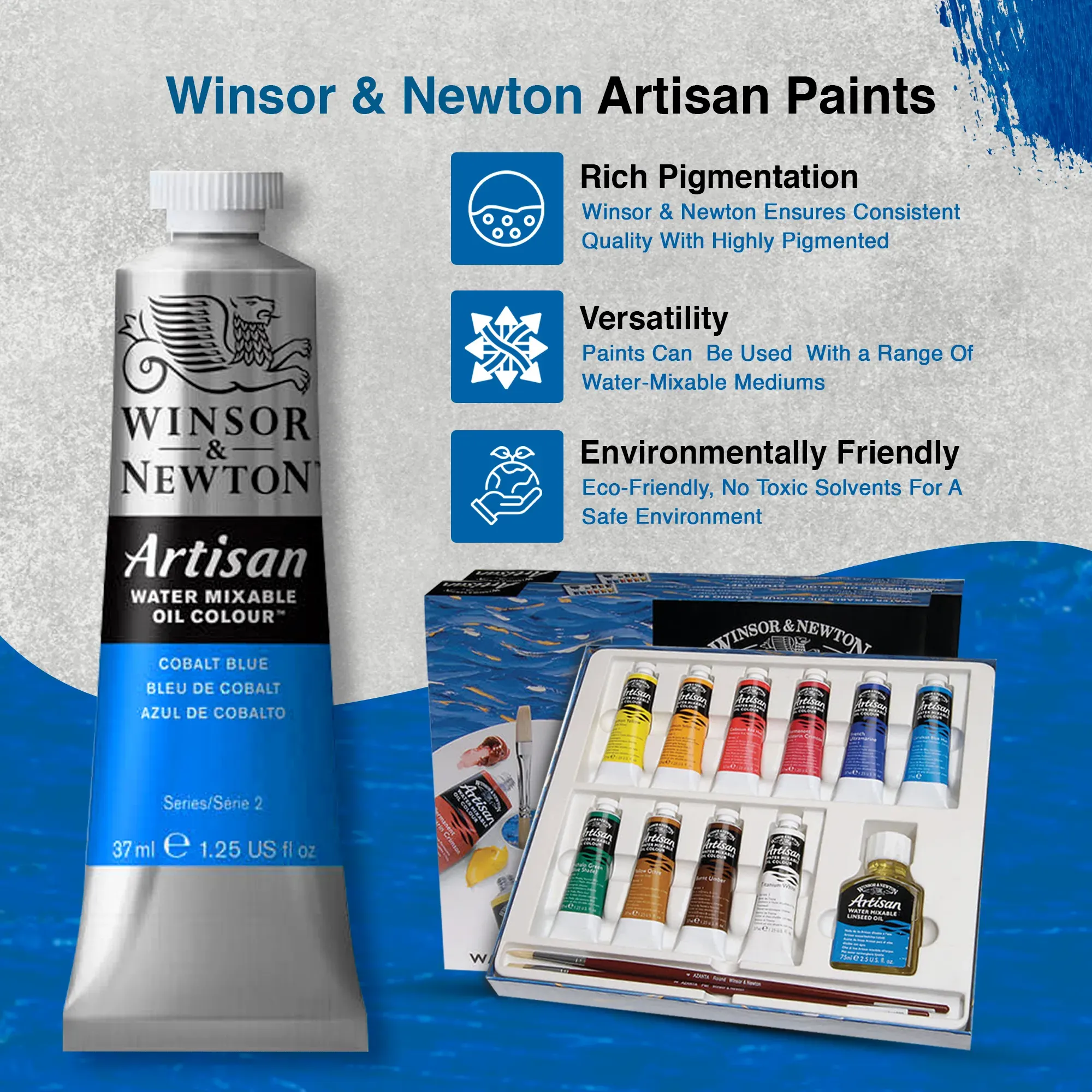 An artist painting on canvas using Winsor & Newton Artisan Water Mixable Oil Paints in a studio setting