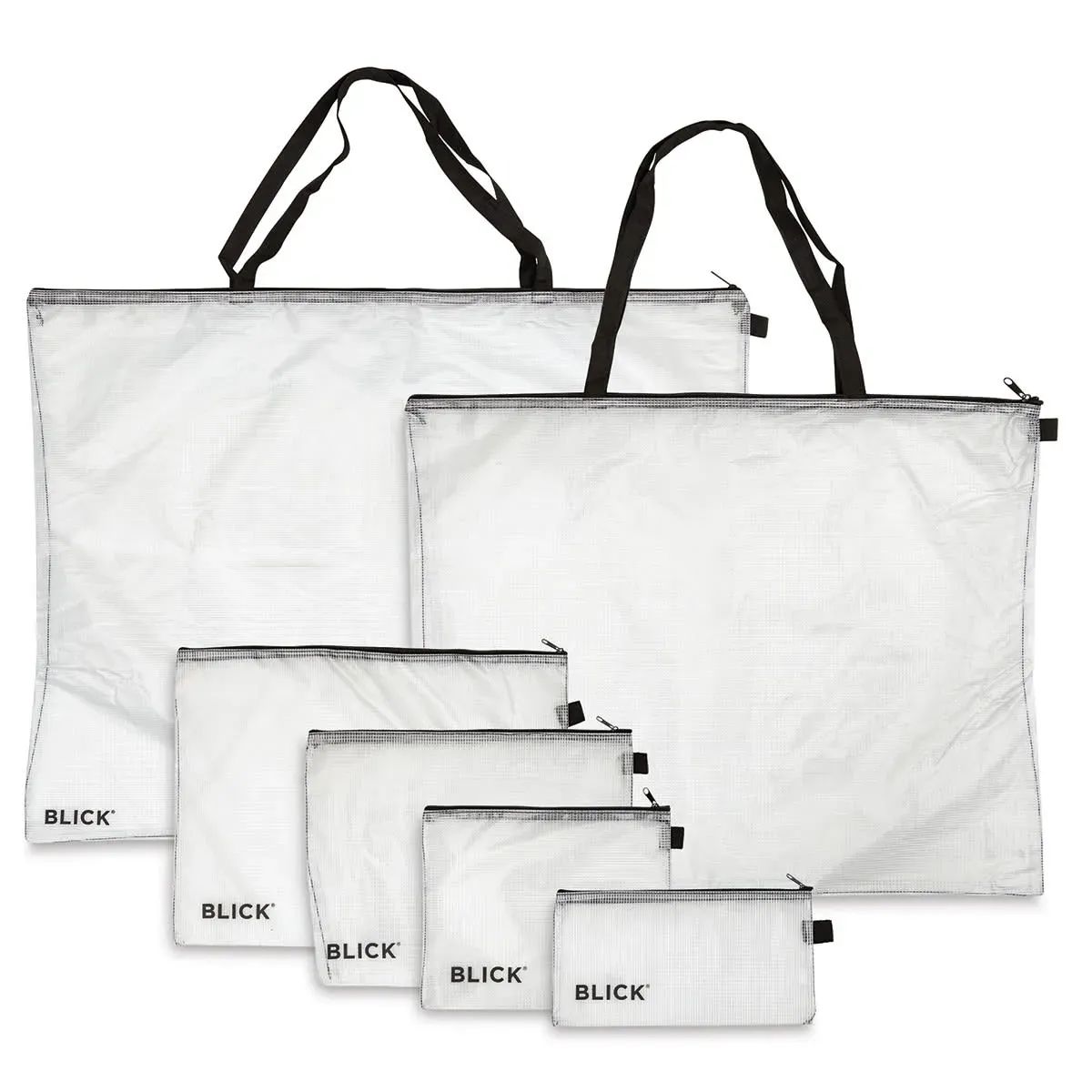 Transparent Blick Mesh Zipper Bags holding art supplies, pens, and travel essentials