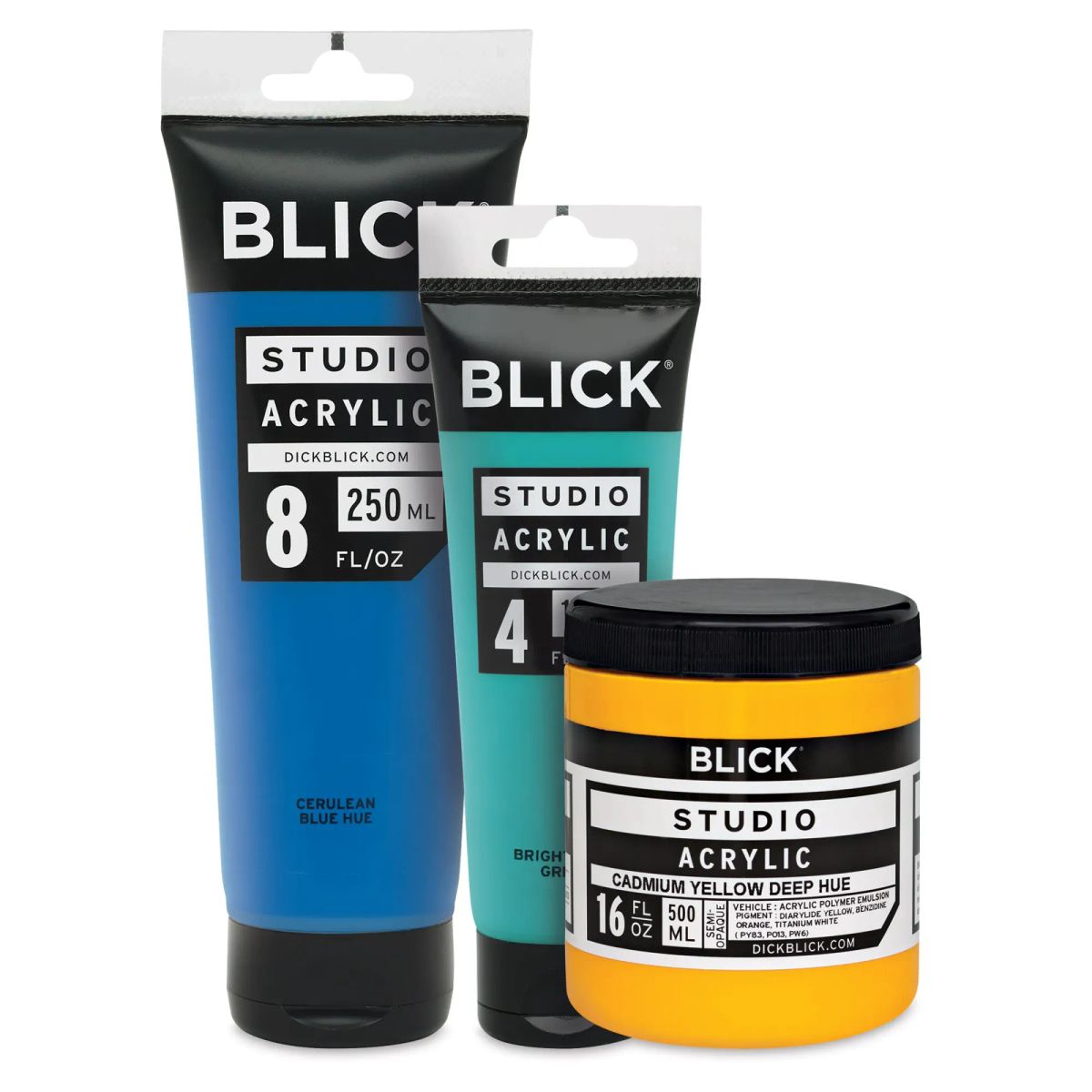 Tubes of Blick Studio Acrylic Paints in various colors on a canvas