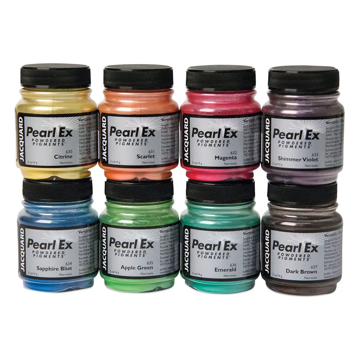 Jars of Jacquard Pearl-Ex Pigments in metallic and pearlescent colors for art projects