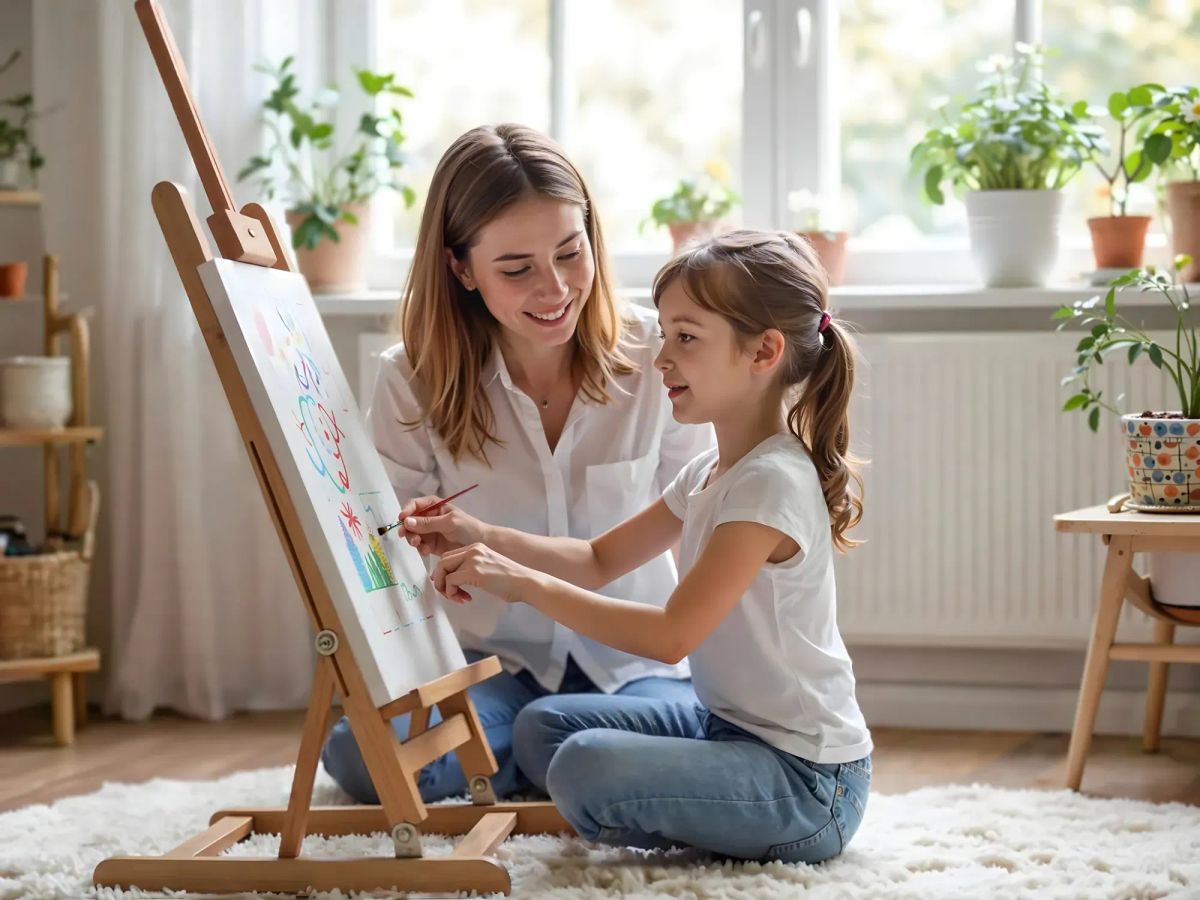 An artist using an ergonomic easel setup, demonstrating improved posture and precise painting technique