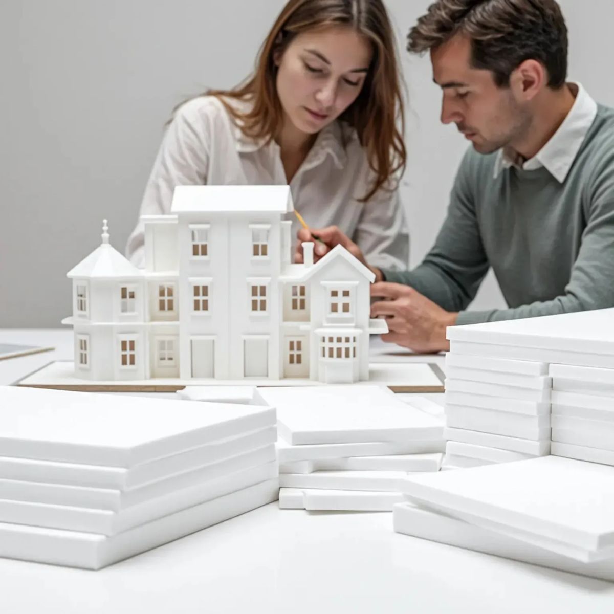 Stack of white foam boards in standard size, ideal for mounting, presentations, and crafts