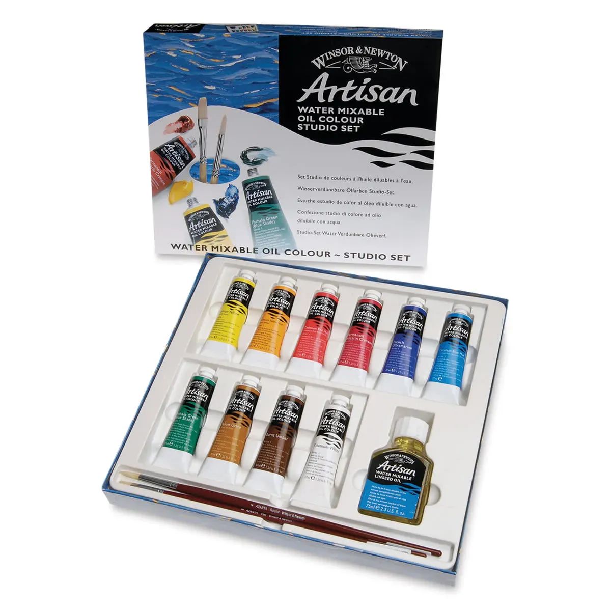 Complete set of Winsor & Newton Artisan Water Mixable Oil Paints arranged in a box with various vibrant colors