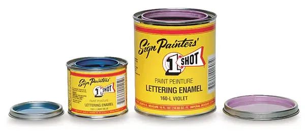Cans of 1-Shot Lettering Enamel Paints in vibrant colors for signs