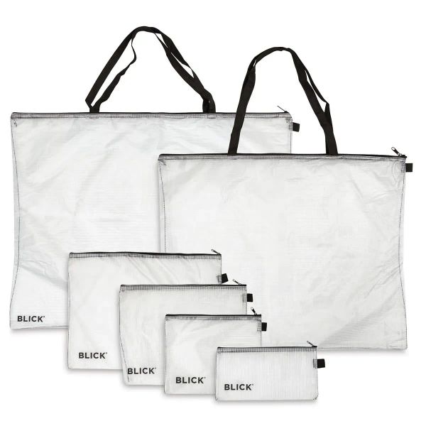 Transparent Blick Mesh Zipper Bags holding art supplies, pens, and travel essentials