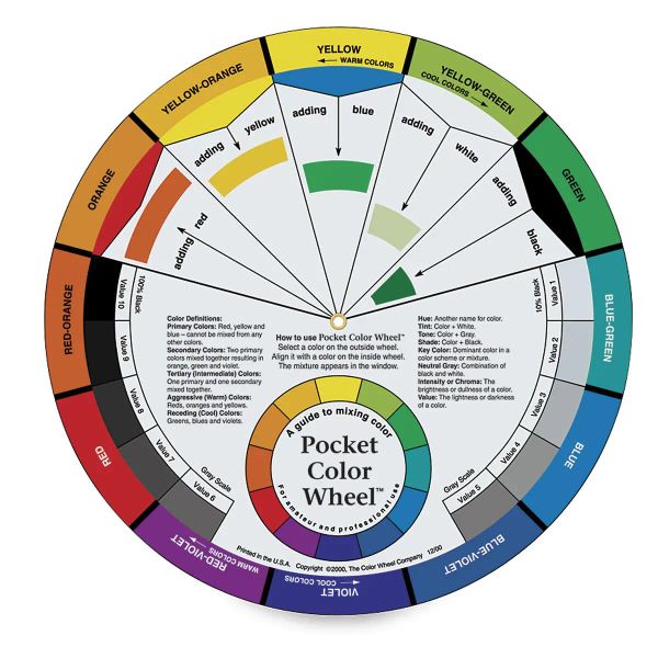 Visual of the Artist’s Color Wheel showing color harmonies, mixing, and grayscale value scale for art and design.