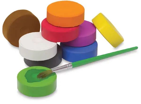 Blick Tempera Cakes in a plastic palette with colorful, non-toxic paints for kids
