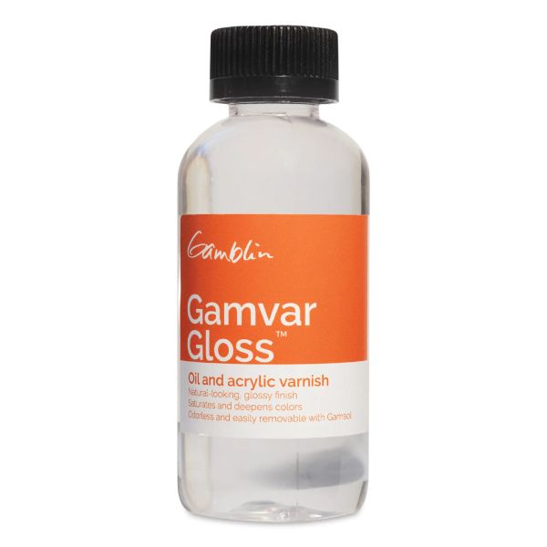 Gamblin Gamvar Varnish bottle for oil and acrylic paintings in gloss, matte, and satin finishes
