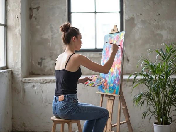 An artist cleaning and folding an easel for storage, showing proper maintenance practices to extend its lifespan