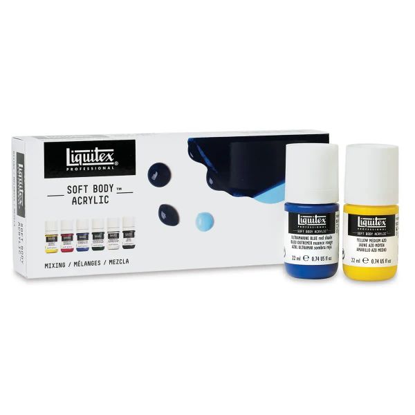 Liquitex Professional Soft Body Acrylic Paints and Sets displayed in vibrant colors, ideal for fine detail, pouring, and glazing techniques.
