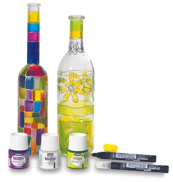 Pebeo Vitrea 160 glass paint bottles in assorted colors lined up for display