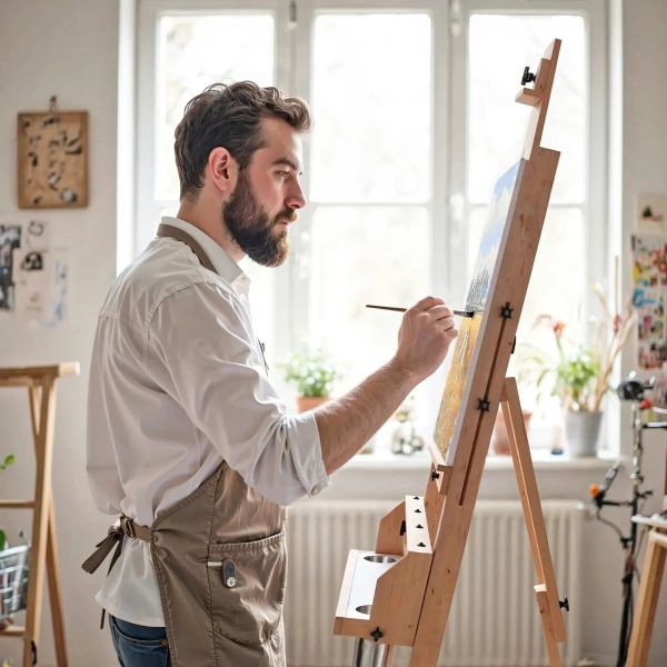 An artist painting on a sturdy, professional easel in a well-lit studio, emphasizing the importance of quality equipment
