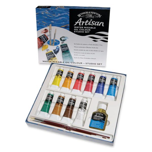 Complete set of Winsor & Newton Artisan Water Mixable Oil Paints arranged in a box with various vibrant colors
