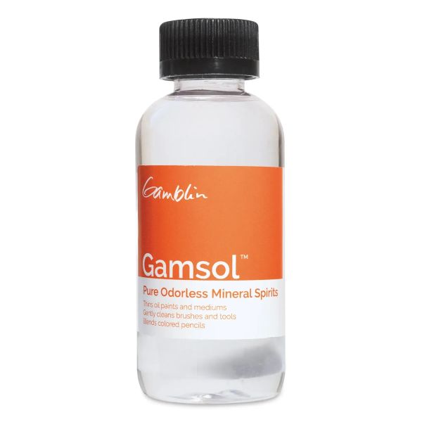 Bottle of Gamblin Gamsol Odorless Mineral Spirits used for oil painting cleanup and thinning