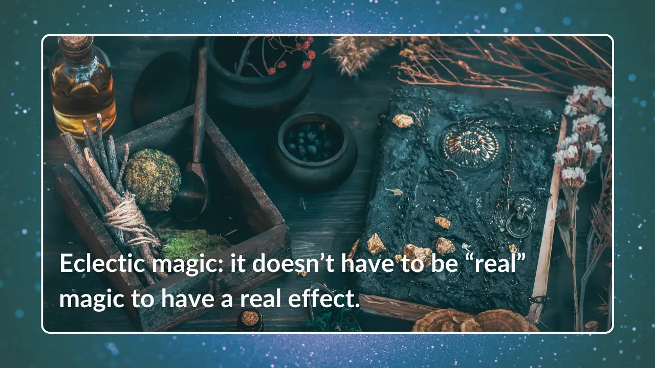 Potions, herbs, antique accessories, and vintage-style spellbook atop a wooden table.
