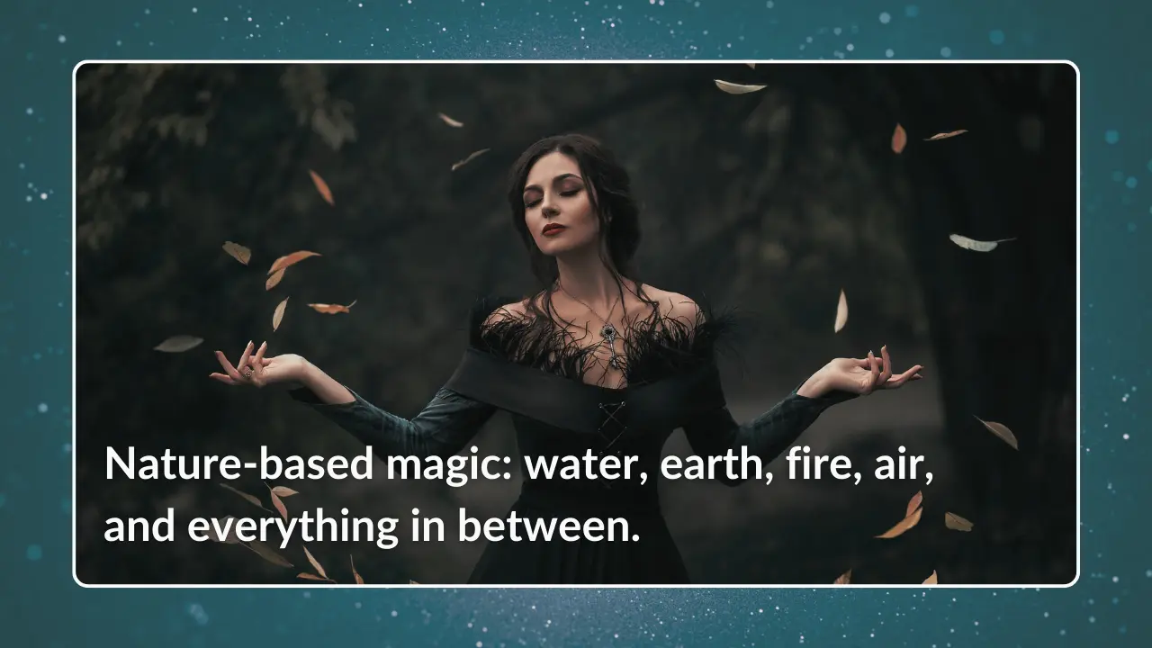Dark-haired witchy woman in a meditative stance while leaves swirl around her in a circle.