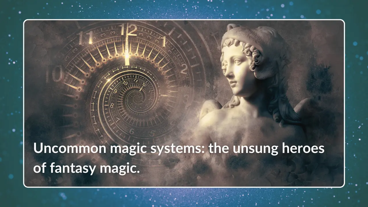 Fantasy clock with Grecian marbled statue in mystical fairytale concept.