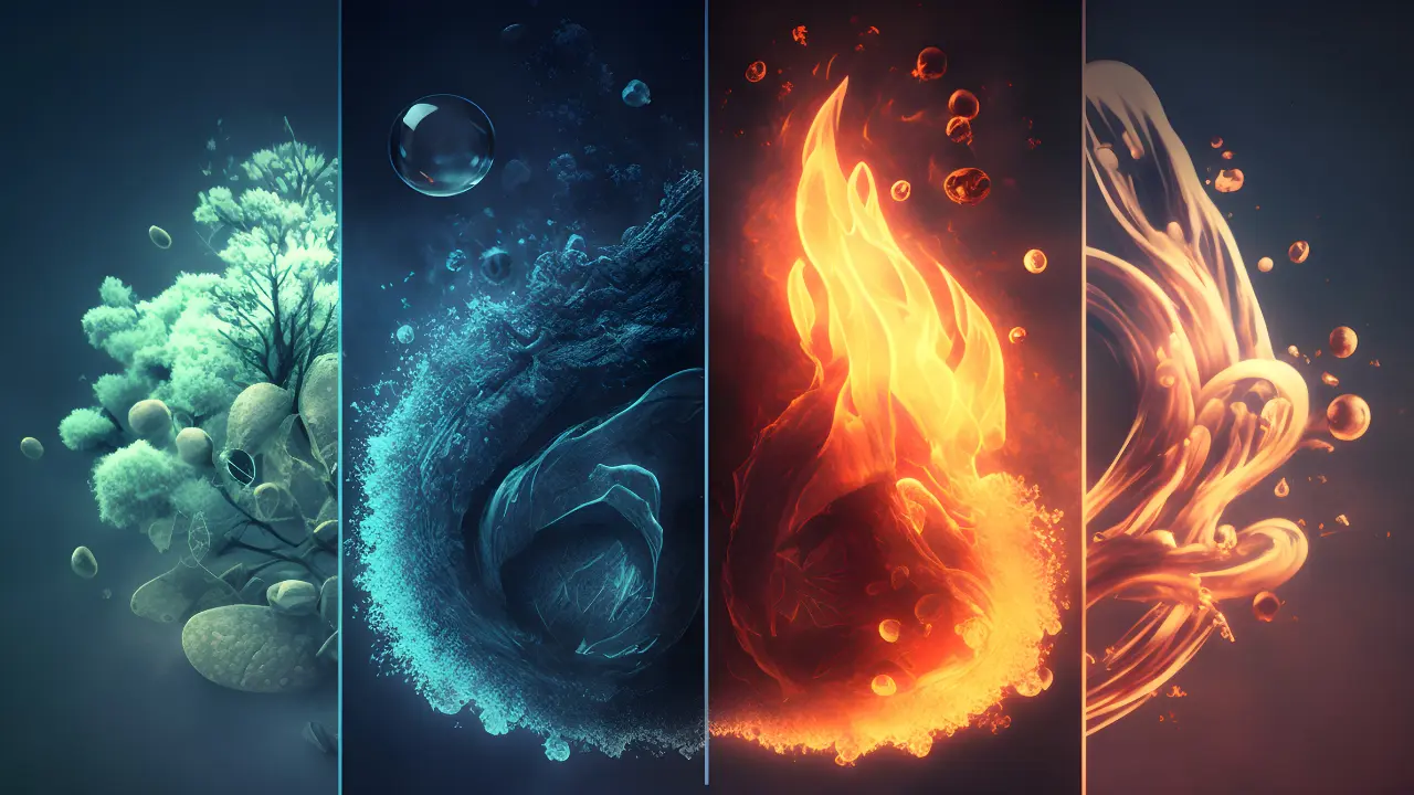 Digital art render depicting four classical elements: earth, water, fire, and air.