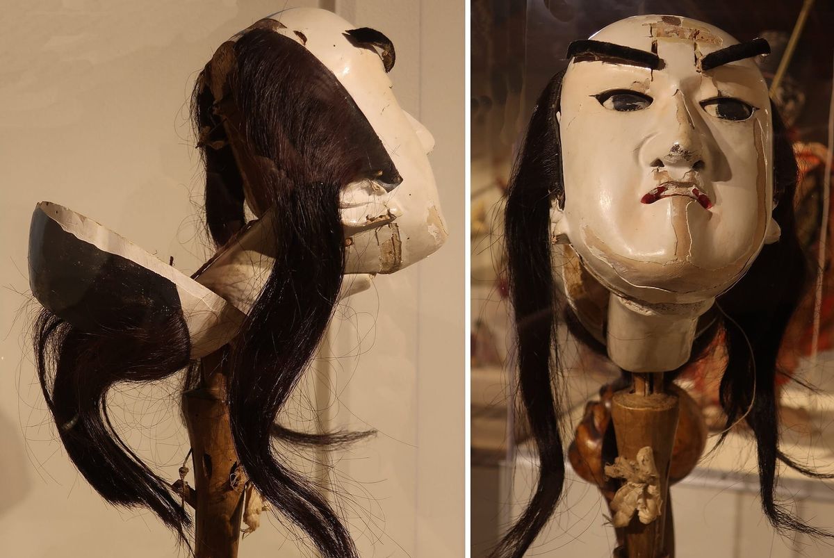 Head with control of male Bunraku puppet from Japan, 1870.