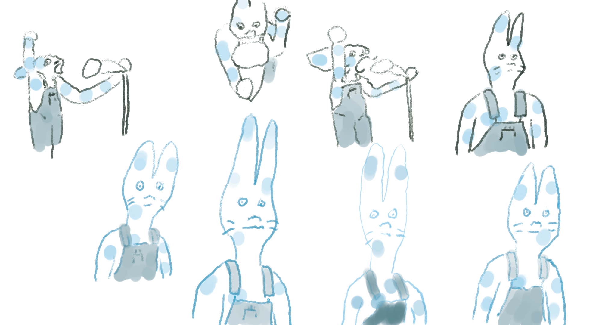 Eight rabbit guys in overalls, three of them are yelling into a microphone