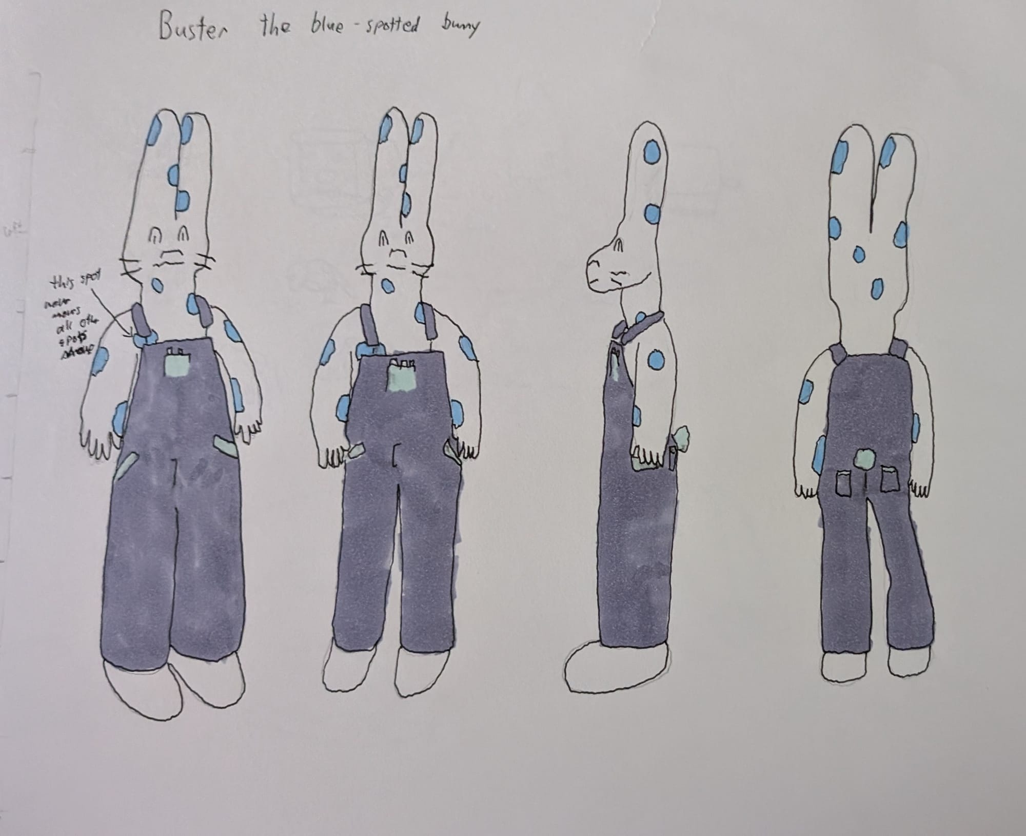 four views of a blue spotted bunny in overalls