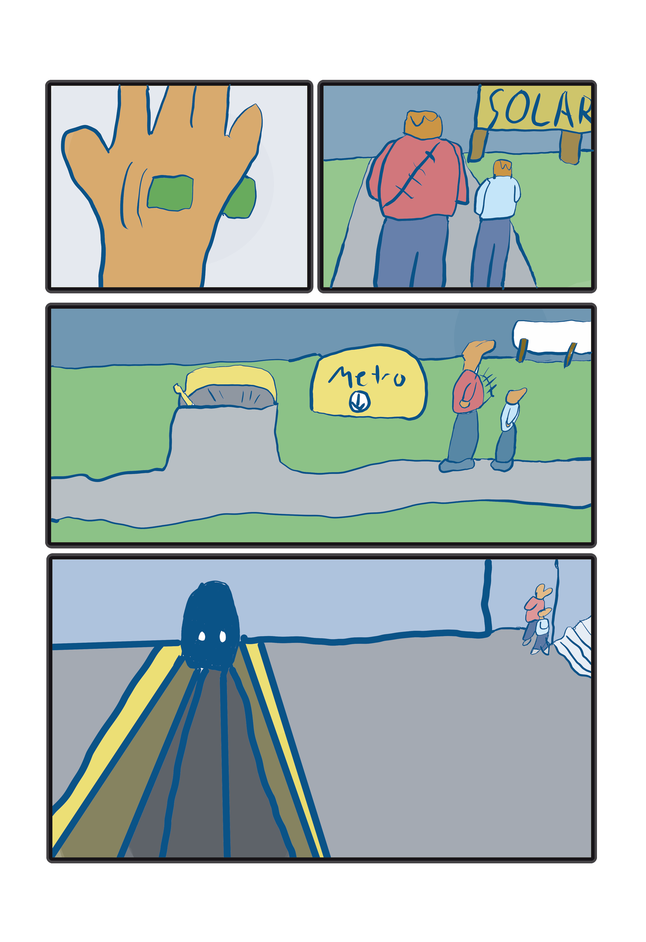 The man waves a chip in his hand over a scanner, and the transaction is complete. They walk by a sign reading "SOLAR" most likely saying "SOLAR POWER, POWERING YOU!" They come upon a subway entrance and enter.
