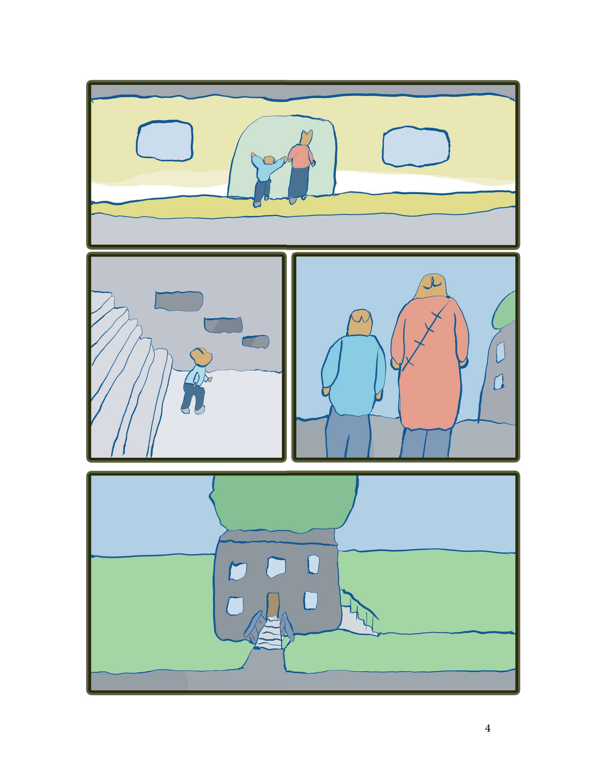 The boy runs happily out of the train towards home  They reach home
