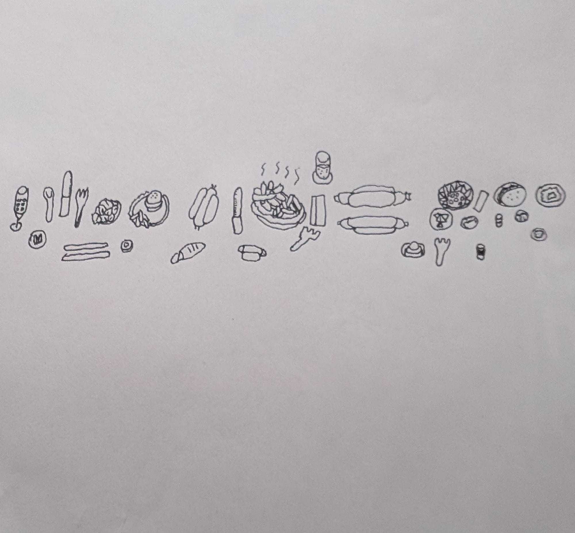 A lineup drawn of greasy food, hamburgers, poutine, hotdogs, nachos, you name it