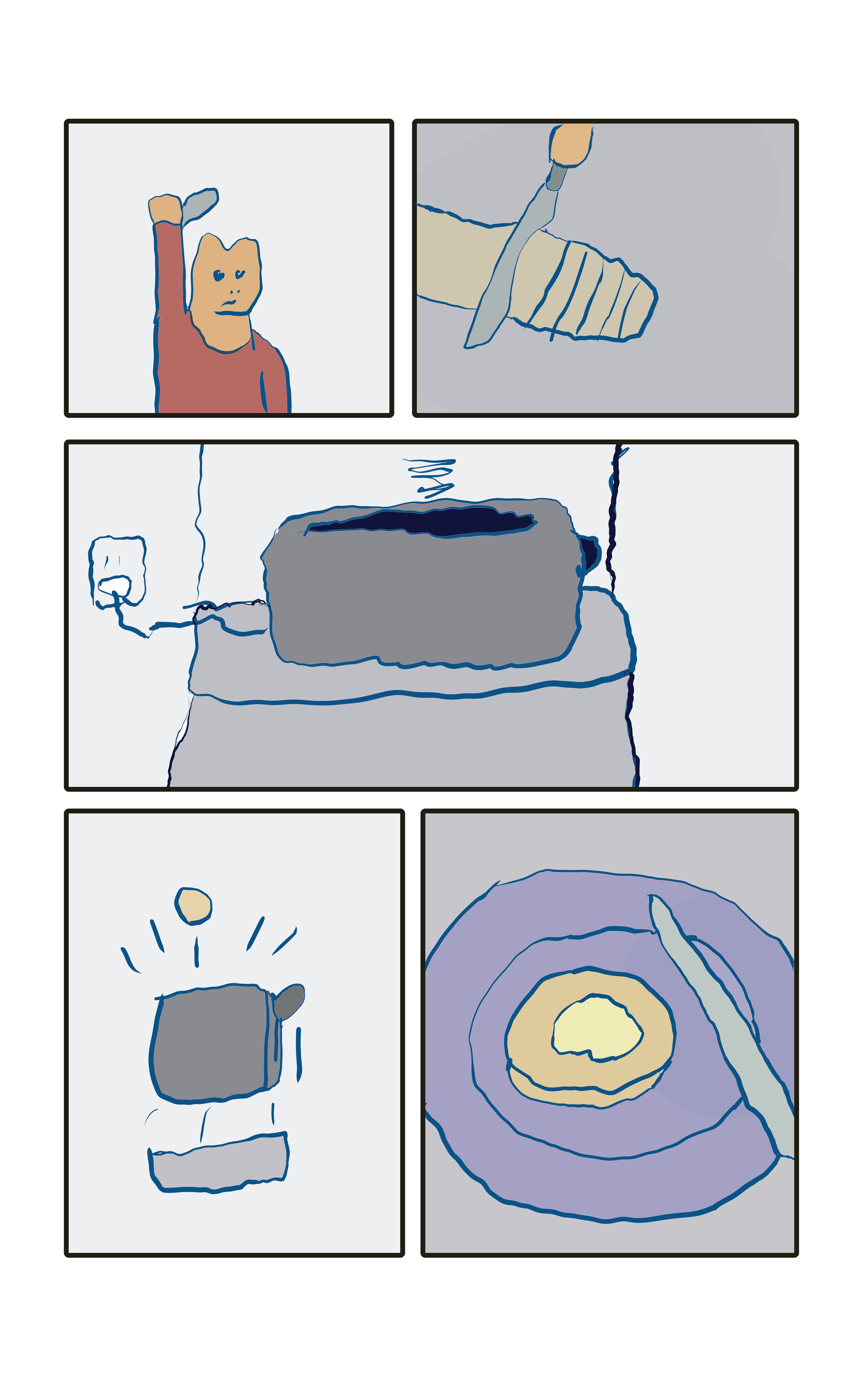 The father cuts the bread into strips and toasts it. Butter is added.