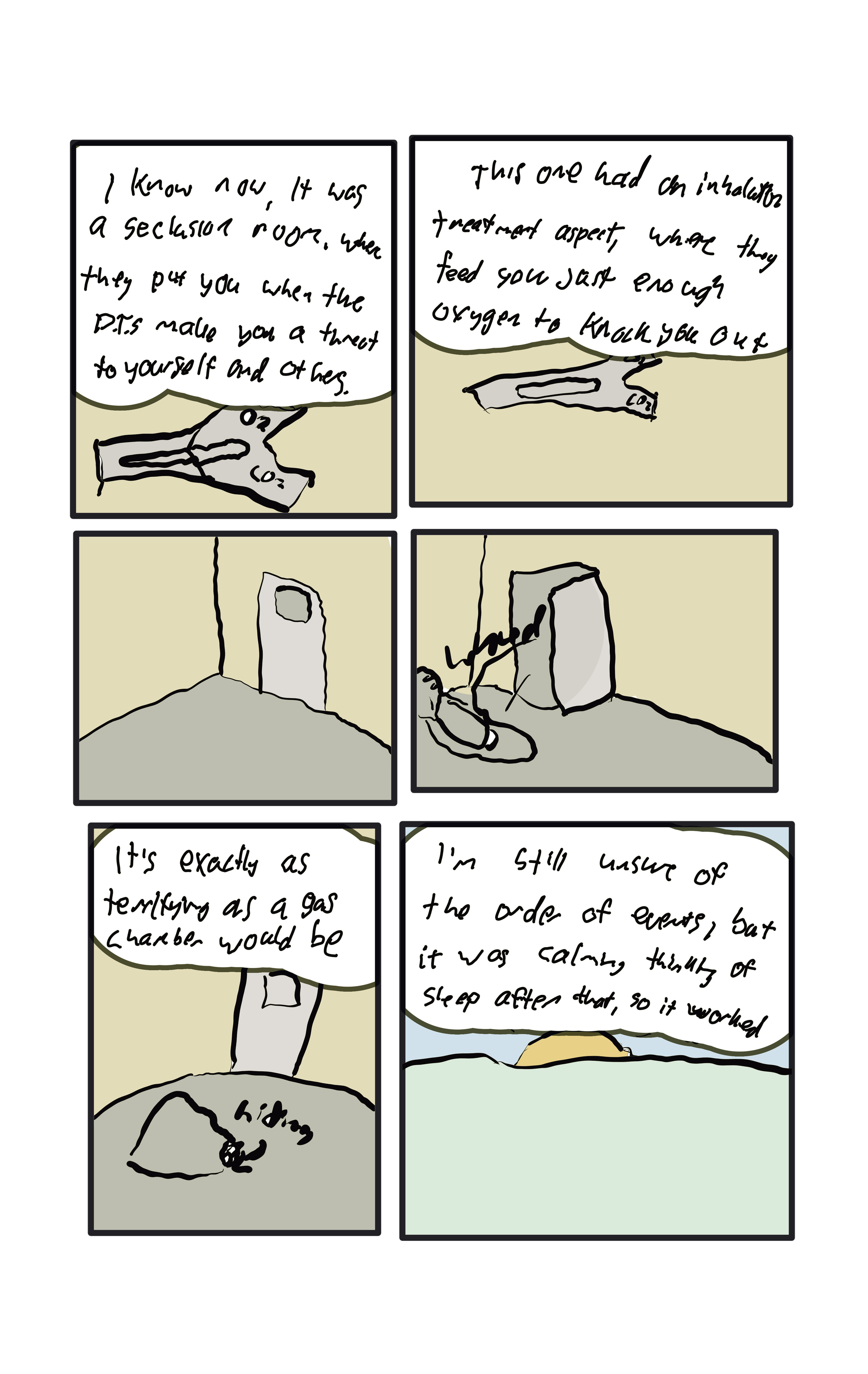  "I know now, it was a seclusion room, where they put you when the D.T.s make you a threat to yourself and others."  "This one had an inhalation treatment aspect, where they feed you just enough oxygen to knock you out."  "It's exactly as terrifying as a gas chamber would be."  "I'm still unsure of the order of events, but it was calming thinking of sleep after that, so it worked."