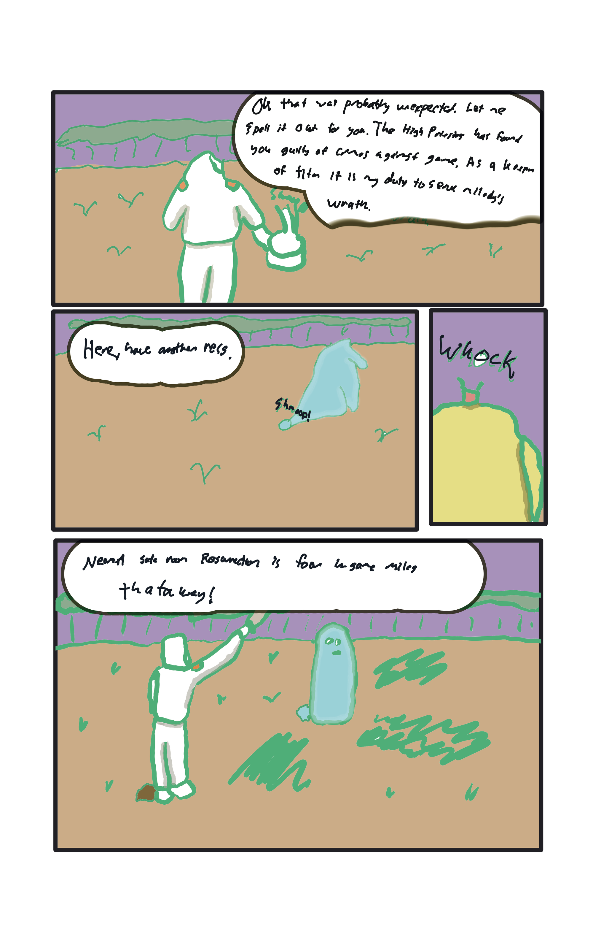 The knight says,  "Ok, that was probably unexpected. Let me spell it out for you. You have been found guilty by the high priestess of titan, you have  earned the ire of my lady and you shall suffer her wrath."  shmoop! goes the resurrection! WHOCK! goes the head! The knight points in a direction and says, "Nearest saferooom  resurrection is four in-game miles, thataway!"