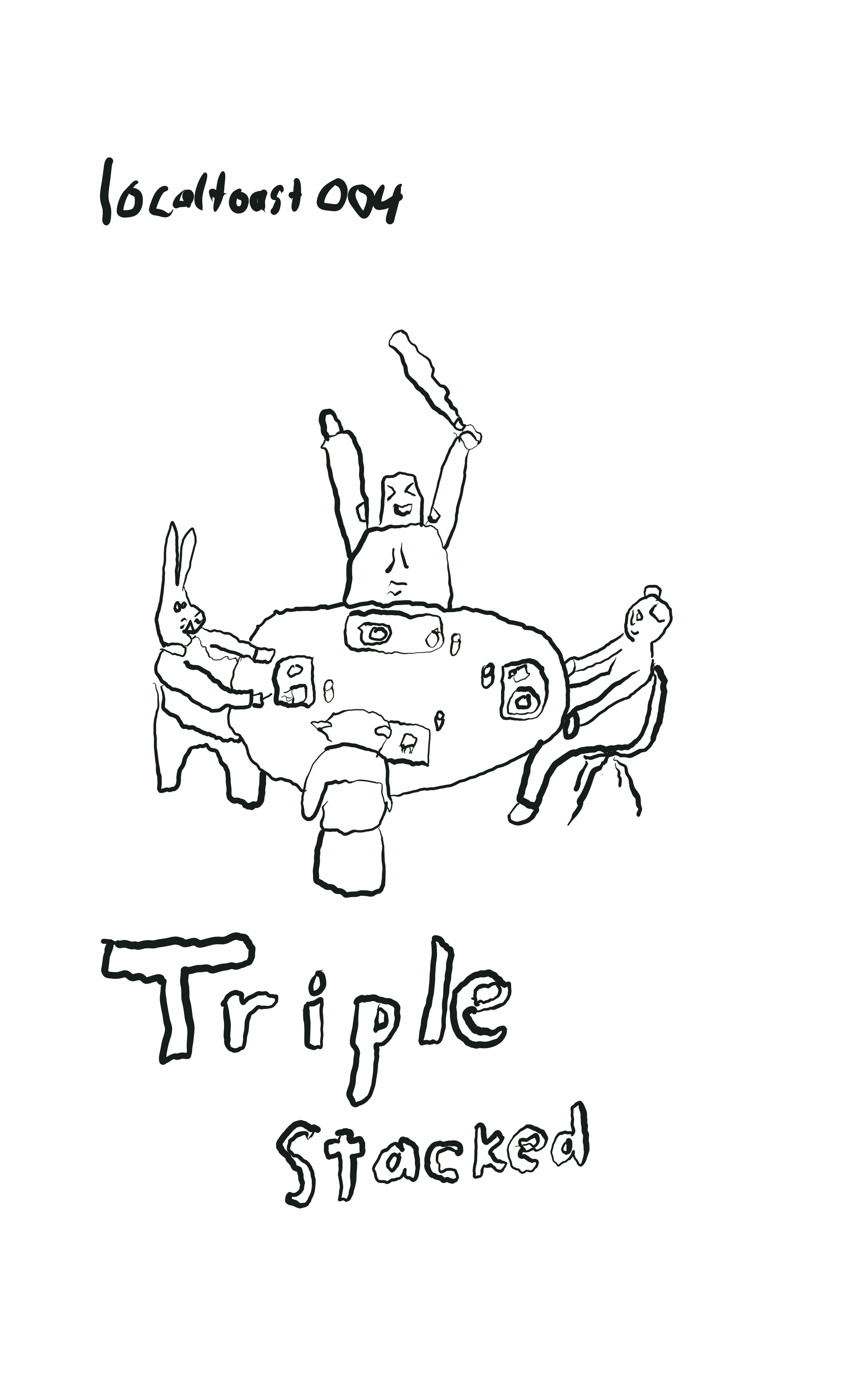A rabbit, a goblin, a knight and a weasel sit around a table eating burgers and fries. The words, "Triple Stacked"