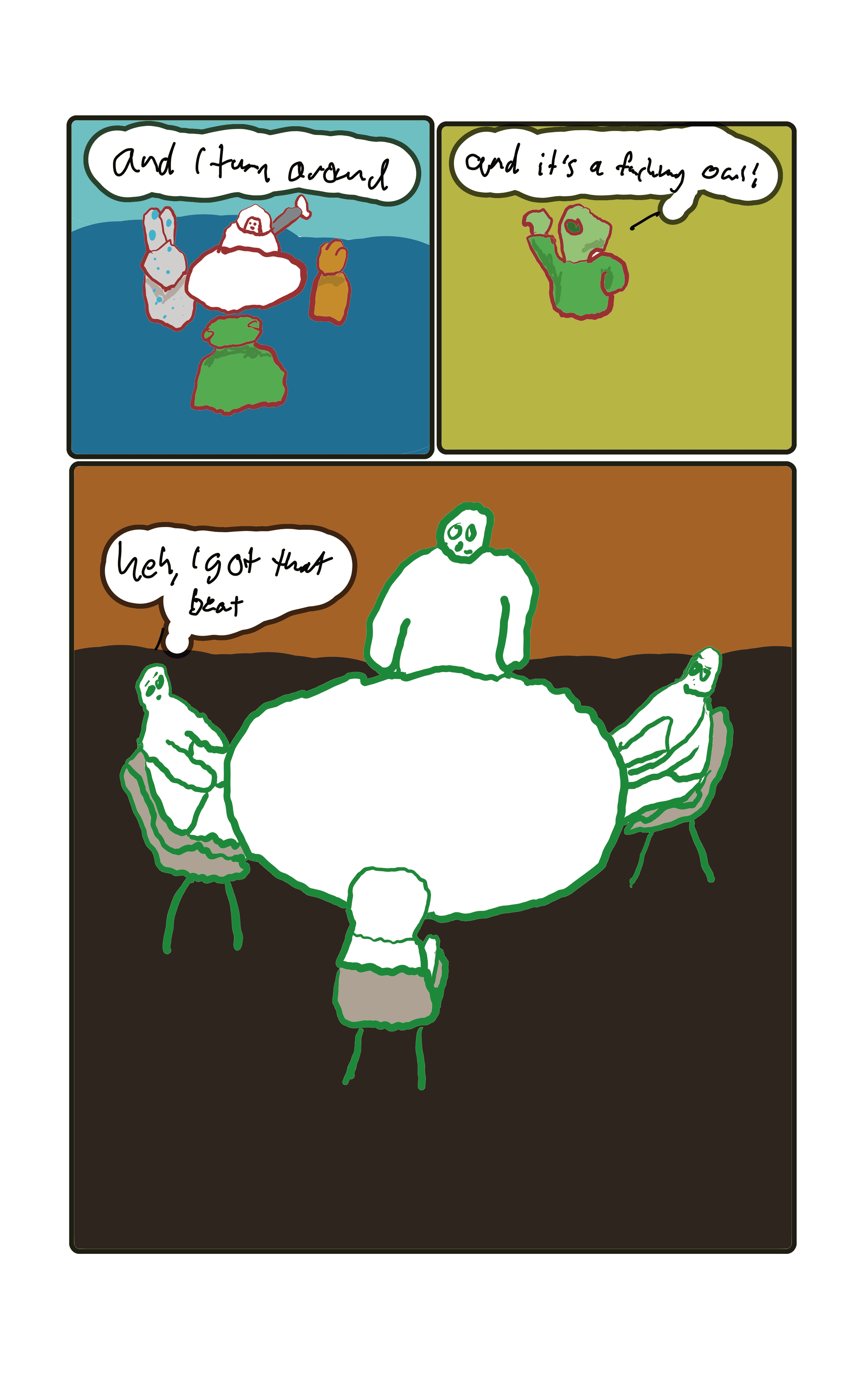 The goblin is finishing a story about owls. "And I turn around, and it's a fucking owl!"  Colin in the human world goes, "Heh, I got that beat"