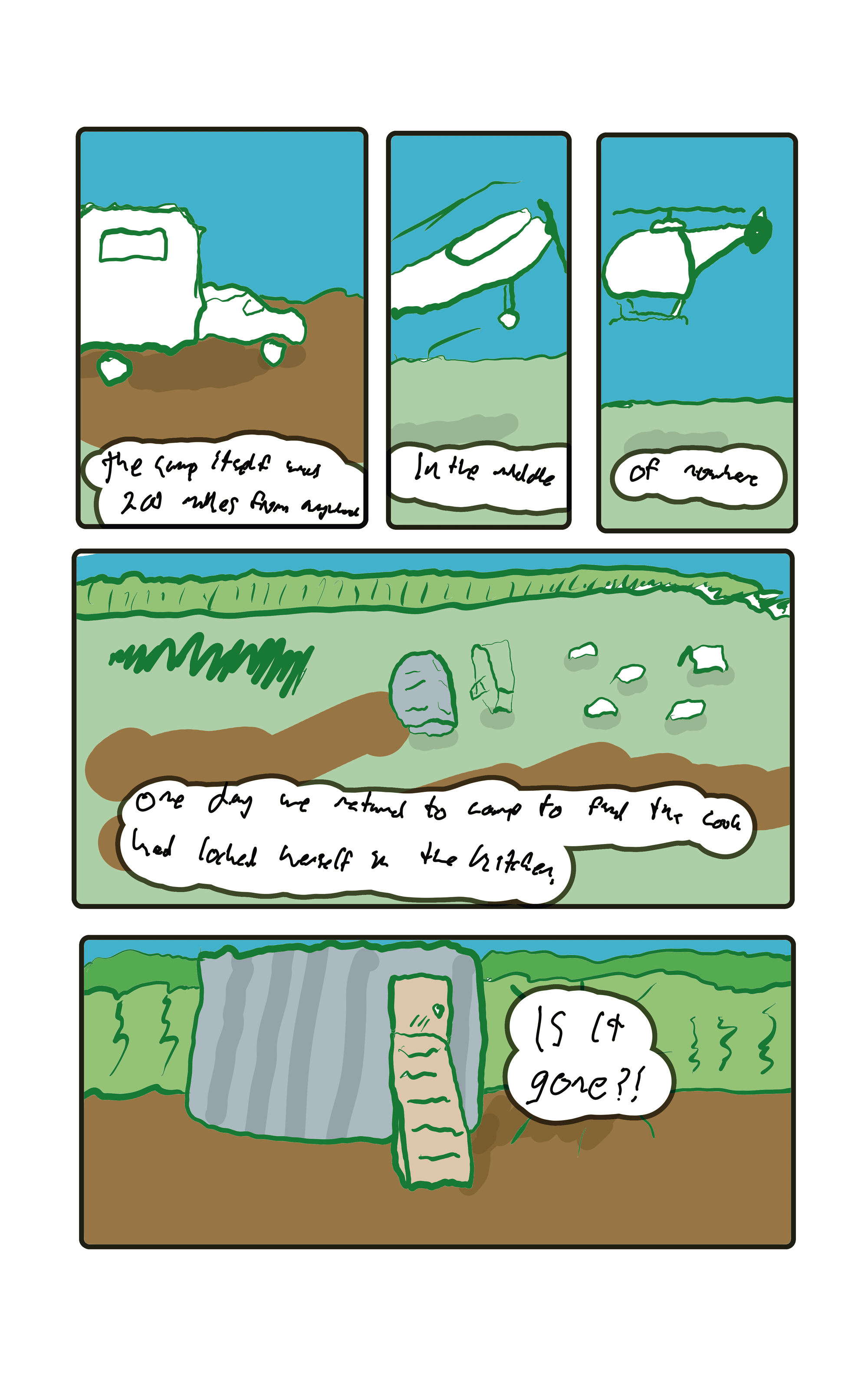 "The camp itself was 200 miles from anywhere" They go by Crummie, a converted mining person carrier. "in the middle" By airplane "of nowhere" By helicopter "One day we returned to camp to find the cook had locked herself in the kitchen" There is a little camp with a cookshack, snow cache and a bunch of tents.  "IS IT GONE?!" she exclaims.