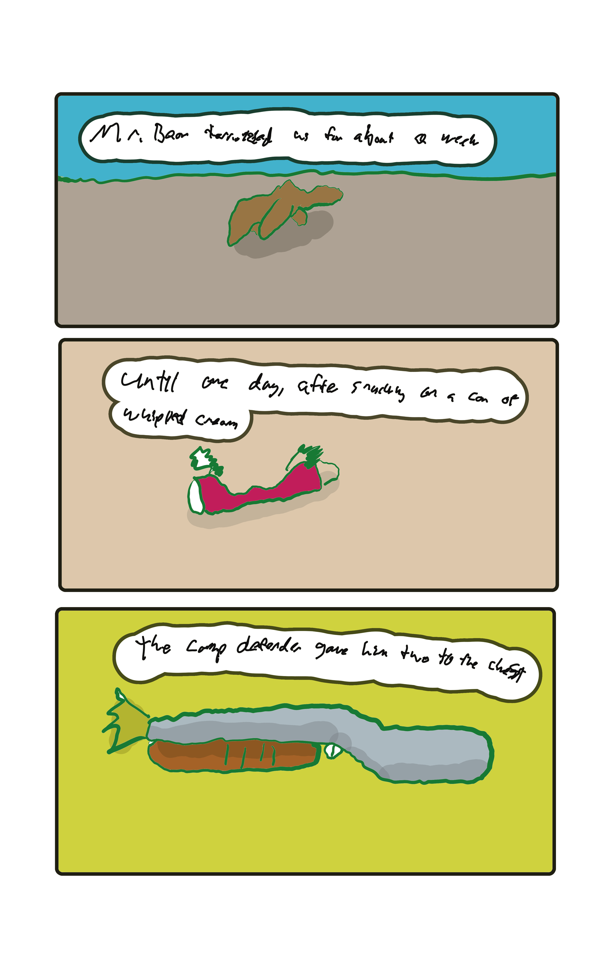 "Mr. Bear terrorized us for about a week."  "Until one day, after snacking on a can of whipped creaem, the camp defender gave him two to the chest."  A drawing of Mr. Bear, the poor can of whipped cream and a shotgun.