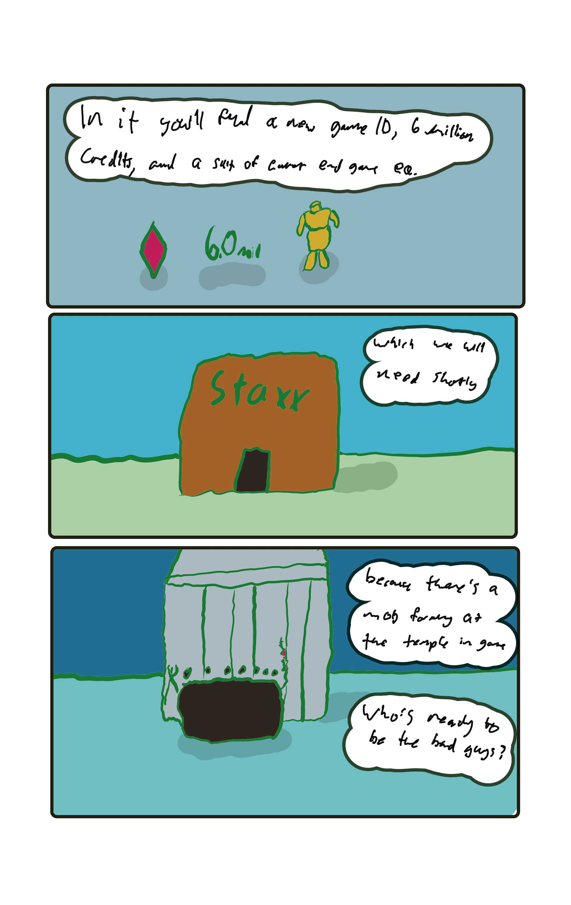  "In it you'll find a new game ID, 6 million credits and a set of current end game EQ."  "Which we will neeed shortly, because there's a mob forming at the temple in game."  Outside the temple, a many headed mob has pitchforks and torches.  "Who's ready to be the bad guys?"