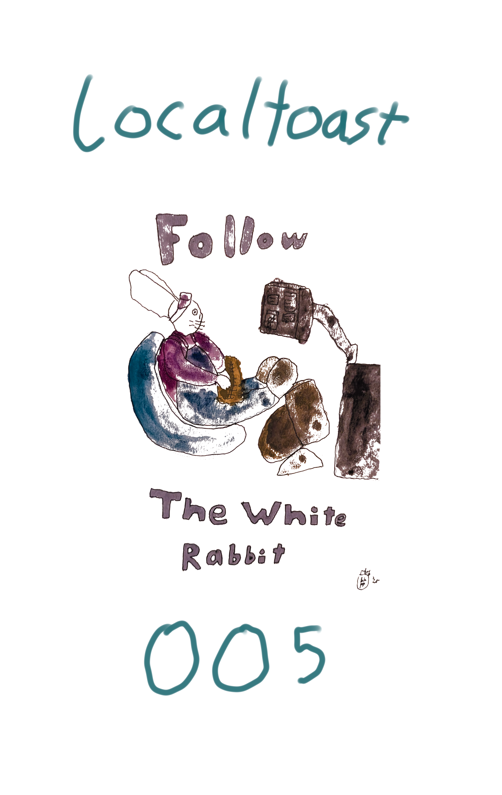  A rabbit sitting in a bean bag chair, with a keyboard in front of a computer.  The title says Localtoast 005  the rabbit has a caption, "Follow the white rabbit"