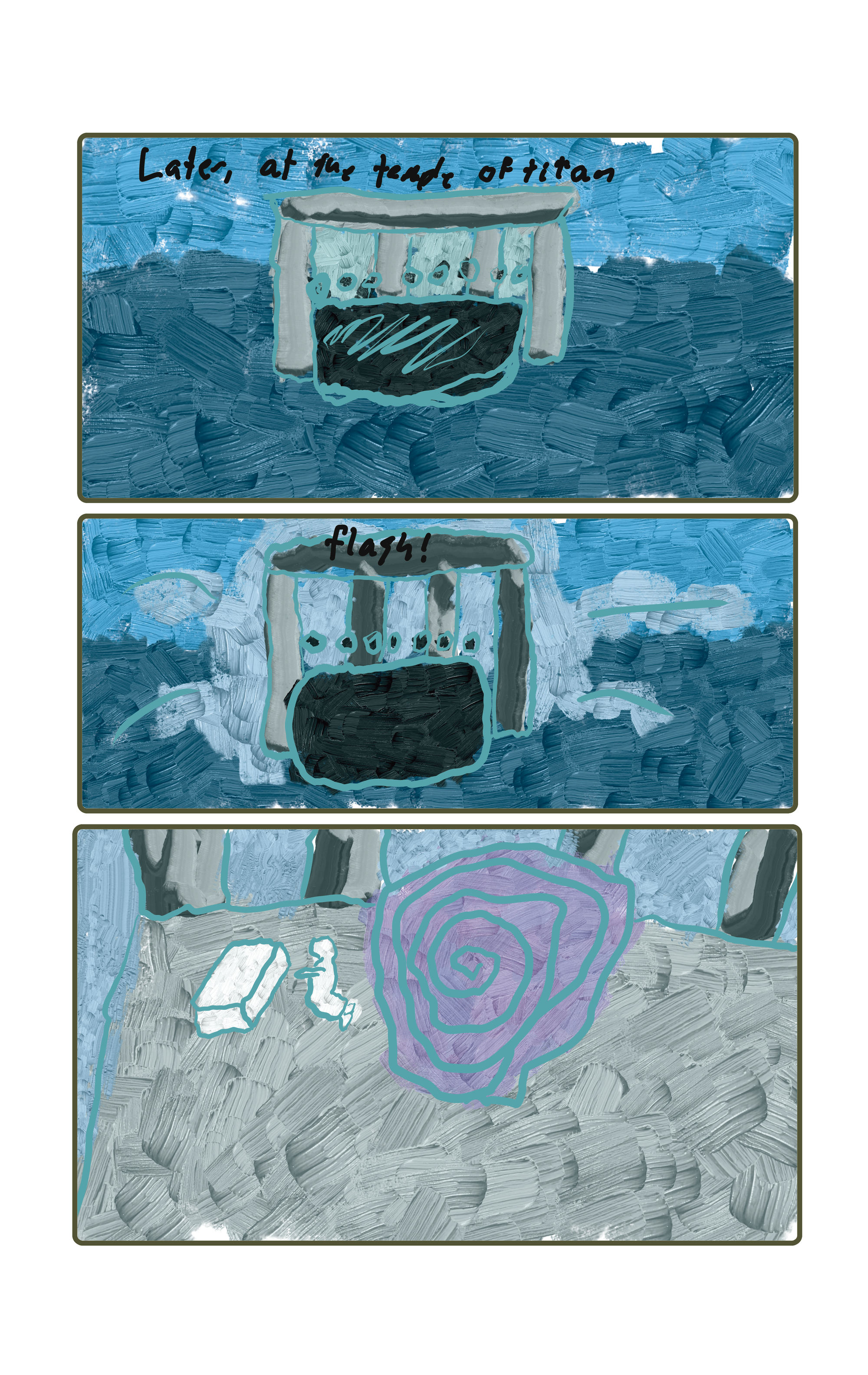 "Later, at the temple of titan"  The temple flashes with light, the crowd is standing, milling around in the dark.  A portal appears inside the temple, a lone figure prays.