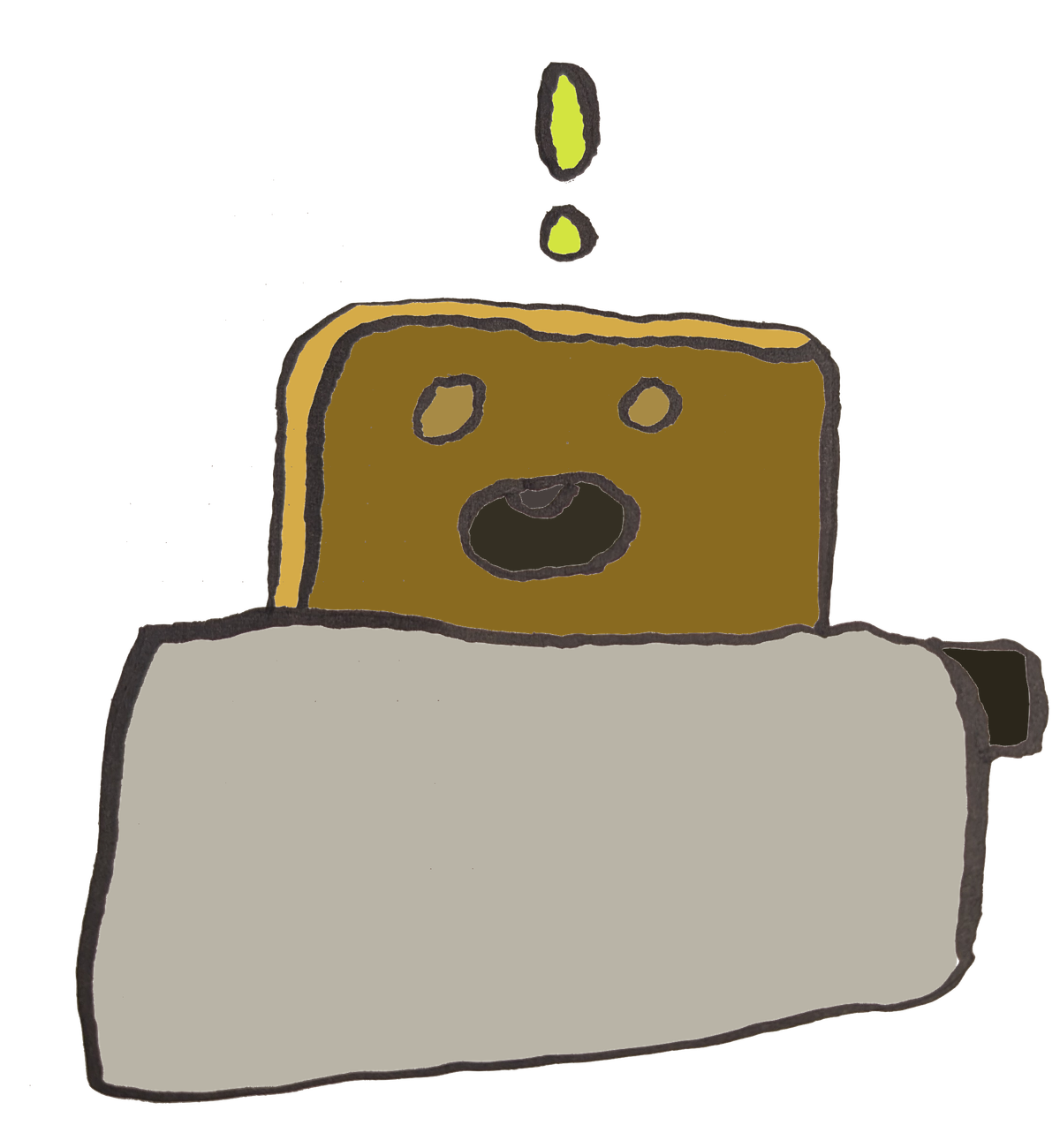 a piece of bread popping out of a toaster with a quest marker above it's little head.